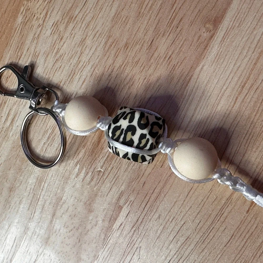 Leopard Print Beaded Keychain Boho Tassel Bag Charm Cream Neutral Animal Print